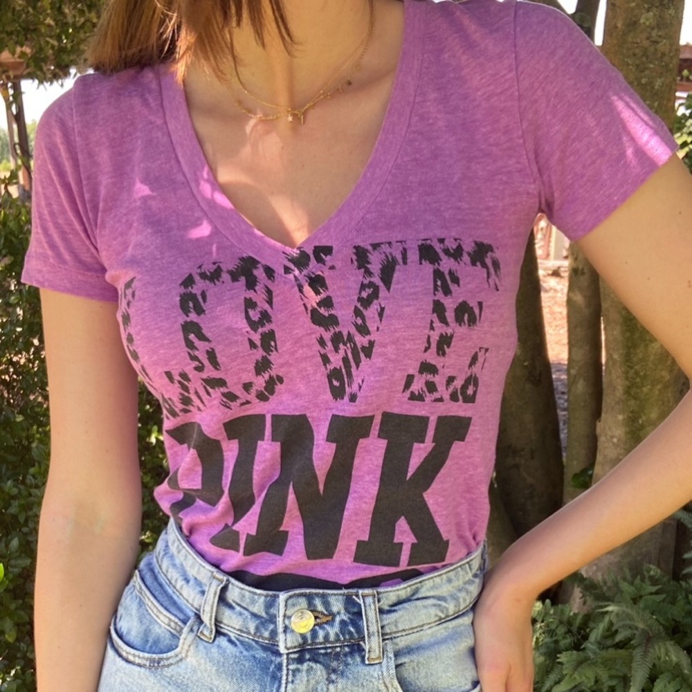 PINK by VICTORIAS SECRET - Magenta vneck logo tee - Good condition - Size XS